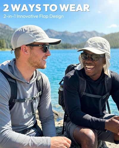 Mens Sun Hat with Breathable Mesh Sun Hats for Men Sun Protection Fishing Hat with Neck Flap for Hiking Cycling - color: Light Grey