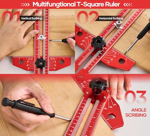 Saker Woodworking Scriber Marking Line Ruler, Adjustable Aluminum Alloy Sliding T-Square Ruler,Precision Line Drawing aid Ruler with Angle Adjustment Scale - color: Red