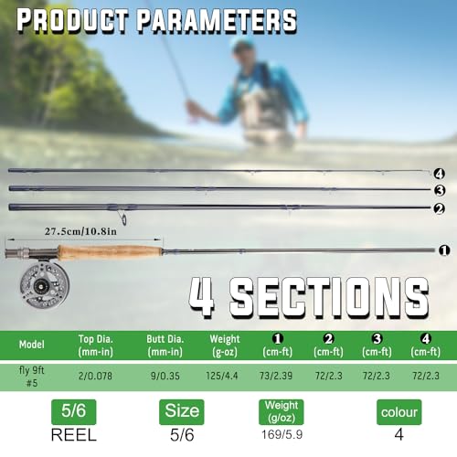 Sougayilang 5/6 Weight 9ft Fly Rod, 4-Piece Graphite Rod, Die Cast Aluminum Reel, Carrying Case, Fly Box & Fishing Flies Combo Starter Kit - color: Fly Fishing Combo #5-Silver