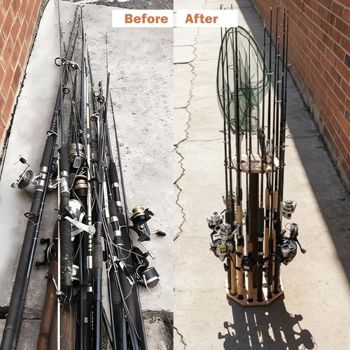 Rush Creek Creations 16-Rod Round Fishing Rod Holder for Garage, 360° Access Fishing Pole Holder for Fishing Rods, Reels, Gear, and Accessories, Securely Holds 16 Rods, Wood Grain - color: Wood Grain