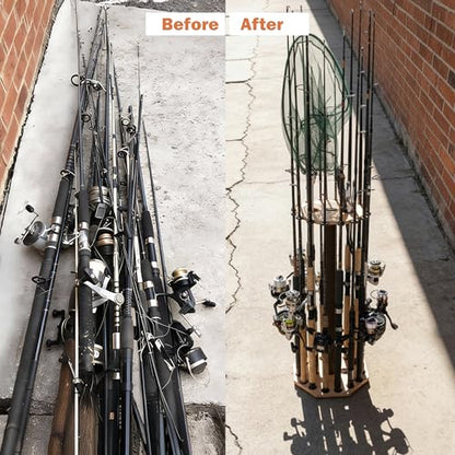 Rush Creek Creations 16-Rod Round Fishing Rod Holder for Garage, 360° Access Fishing Pole Holder for Fishing Rods, Reels, Gear, and Accessories, Securely Holds 16 Rods, Wood Grain - color: Wood Grain