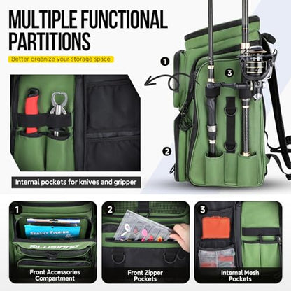 PLUSINNO Fishing Backpack with Rod Holders 4 Tackle Boxes, 42L Large Water-Resistant Fish Tackle Bag Store Fishing Gear, Camping, Hiking Gifts for Men Father, Green - color: Green