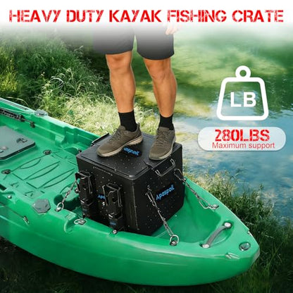 Kayak Fishing Crate with 4 Rod Holders | 13"x13" Kayak Tackle Storage Box & Gear Organizer | Durable, Compact Kayak Crate Storage for Most Fishing Kayaks