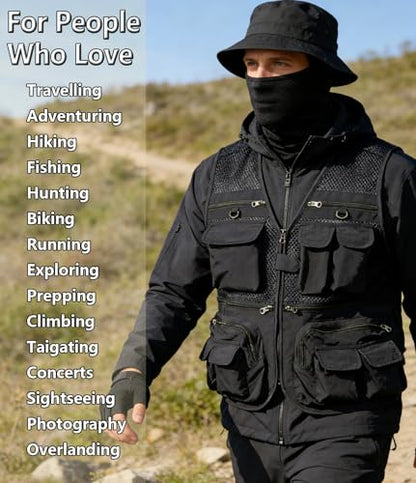 HUNTURE Fishing Vest,Pocket Vest and Hat Gloves Neck Gaiter Set for Men,Lightweight Utility Outerwear Vest - color: Black, size: Medium