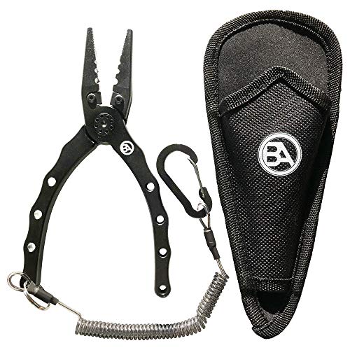 Black Anchor Fishing Accessory Kit | 6.7" Aluminum Plier, Stainless Lip Gripper, Buff Face Shield, Wire Cutter, Split Ring Braid Scissor, Microfiber Towel
