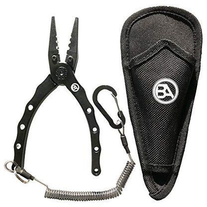 Black Anchor Fishing Accessory Kit | 6.7" Aluminum Plier, Stainless Lip Gripper, Buff Face Shield, Wire Cutter, Split Ring Braid Scissor, Microfiber Towel