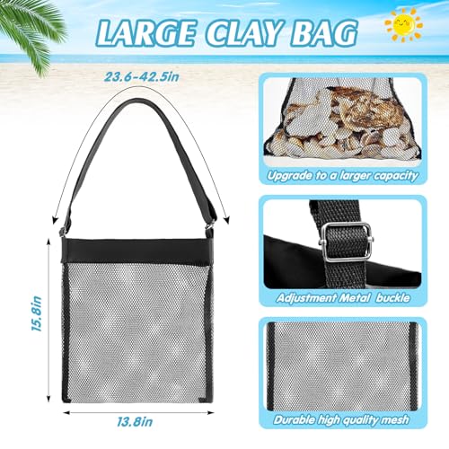 VioraWhite 2 Pcs Extra Large 14 x 16inch Clam Mesh Chum Beach Bags for Seashells Clams Treasures Sand Away Foldable Shell Collection Bags with Adjustable Straps (Black) - color: Black