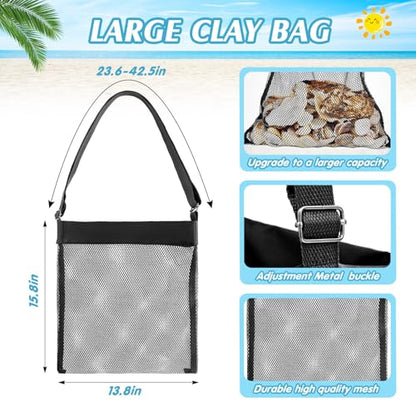 VioraWhite 2 Pcs Extra Large 14 x 16inch Clam Mesh Chum Beach Bags for Seashells Clams Treasures Sand Away Foldable Shell Collection Bags with Adjustable Straps (Black) - color: Black