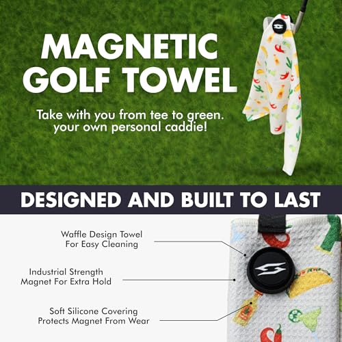 Magnetic Microfiber Waffle Golf Towel – Large 16"x24" Clean Golf Club Ball Magnet Clip to Hang on Bag Cart Strong Premium Strength Ultra Absorbent Frogger Gear Men Amphibian (Tan Tacos) - color: Tan Tacos