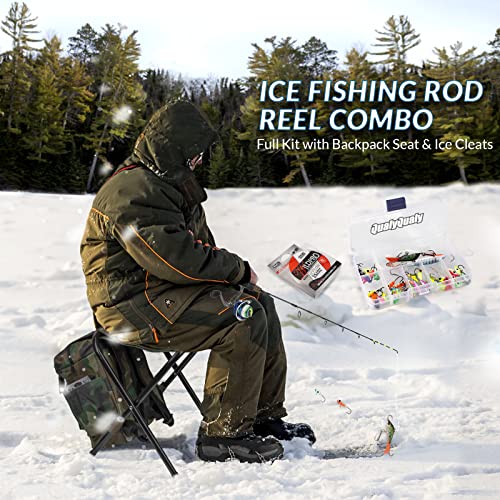 QualyQualy Ice Fishing Rod Reel Combo Complete Set Ice Fishing Gear with Backpack Seat Ice Cleats Ice Fishing Jigs Line Full Ice Fishing Kit 24" 26" - style: Spinning Reel Combo
