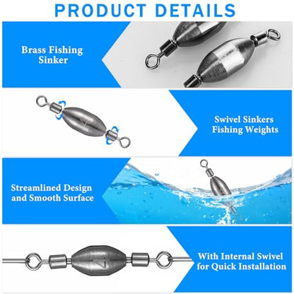 Seenelling 20 Pcs Brass Fishing Sinker Swivel Fishing Weights Saltwater Bullet Sinkers Drop Shot Weight Egg Sinkers with Swivel Rolling Removable Freshwater - size: 1/2 oz, 1/4 oz, 1/8 oz, 1/25 oz