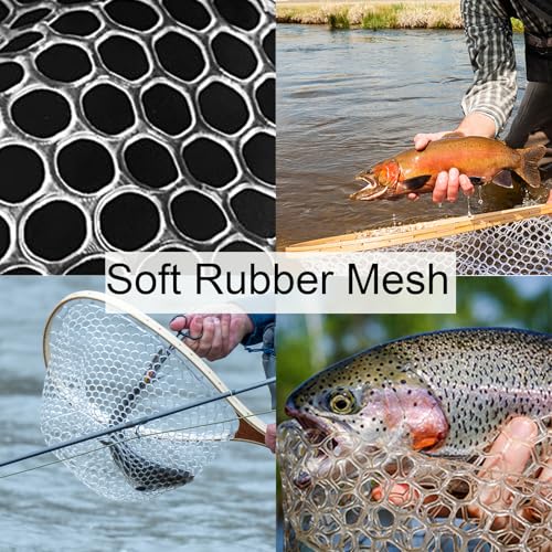 Hipicute Fly Fishing Net, Trout Net, Wooden Frame Fly Fishing Landing Net with Soft Rubber Mesh for Catch and Release, Lightweight Fish Net for Trout Bass, Fly Fishing Gear for Stream Fishing - color: White-02, style: Round Holes-01