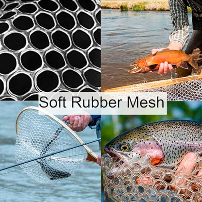 Hipicute Fly Fishing Net, Trout Net, Wooden Frame Fly Fishing Landing Net with Soft Rubber Mesh for Catch and Release, Lightweight Fish Net for Trout Bass, Fly Fishing Gear for Stream Fishing - color: White-02, style: Round Holes-01
