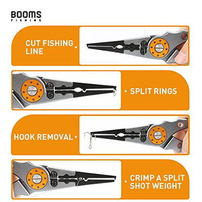 Booms Fishing X1 Aluminum Fishing Pliers Saltwater, Surf Fishing Tackle Kit, Fishing Multitool Hook Remover Braided Fishing Line Cutting and Split Ring with Coiled Lanyard and Sheath - color: Gun Metal