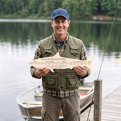Personalized Fish Ruler Sign for Dad, Custom Wooden Fish Measuring Board with Name and Message, Father’s Day Fishing Gift for Men, Grandpa, Papa, Husband, Rustic Fisherman Wall Decor for Man Cave Garage Lake House
