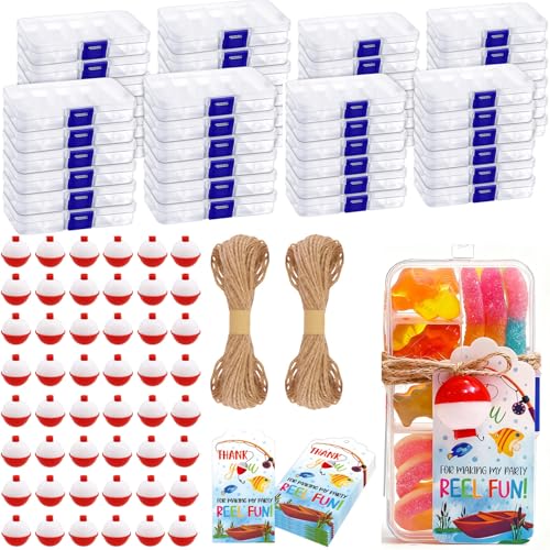 48 Set Fishing Candy Little Tackle Boxes for Birthday Party Favors with 48 Fishing Bobber 48 Thank You Cards for Making My Party Reel Fun Gone Fishing Theme Supplies Fishing Decorations (48)