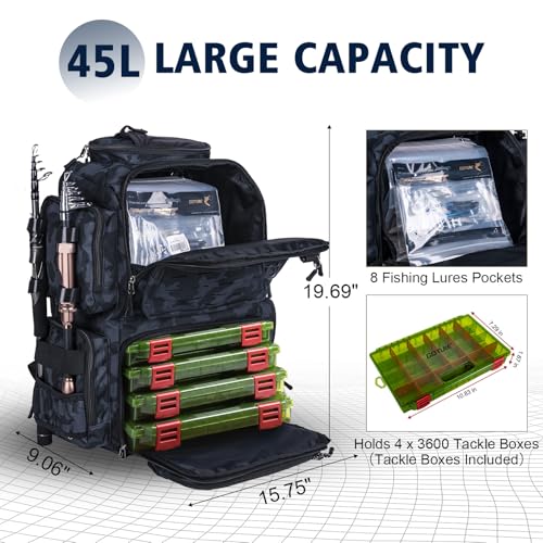 Goture Fishing Backpack with 4 Tackle Boxes,45L 600D Tackle Backpack with Rod Holders,8 Lure Pockets,Rain Cover,Large Fishing Bag Saltwater Gear Storage Bag for Camping Hiking - color: A1:45L Camo(With 4 3600 Tackle Boxes)