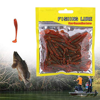 Tbest 50 Pcs 5cm Soft Fishing Lures, Plastic Fishing Bait T-Tail Grub Worm Baits Fish Tackle Accessory 9 Colors - color: Red