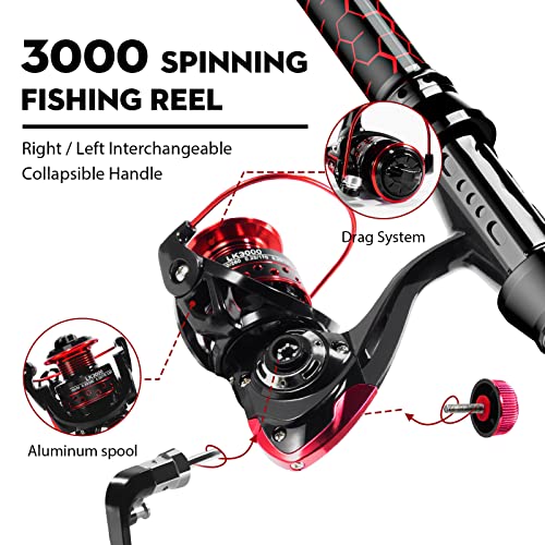 Fishing Rod and Reel Combos, Unique Design with X-Warping Painting, Carbon Fiber Telescopic Fishing Rod with Reel Combo Kit with Tackle Box, Best Gift for Fishing Beginner and Angler - color: Red, size: 3.0 m 9.84 ft (Kit)
