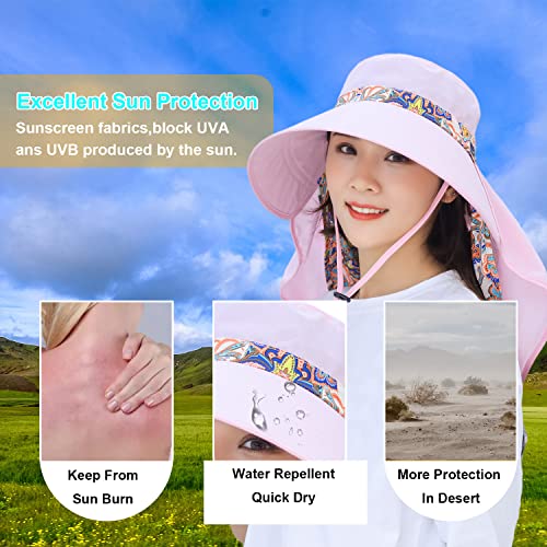 Women Wide Brim Face Mask Sun Hat Detachable Neck Face Flap Ponytail UV Protection Visor Hat Garden Fishing Hiking - color: M9099-xueyafen