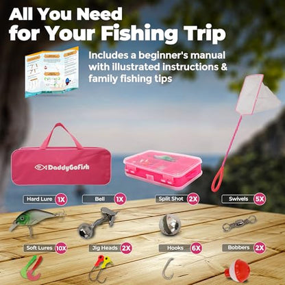 DaddyGoFish Kids Fishing Pole - Rod Reel Combo Tackle Box Starter Set - First Year Small Gear Kit for Boys Girls Toddler Youth Age Beginner Little Children - color: 2 Pack- Blue + Pink (Essential Set), size: 4ft