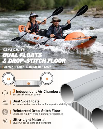 2 Person Inflatable Kayak Tandem Fishing Kayak for Adults, Portable Touring Kayak Canoe with Dual Floats, Drop-Stitch Floor and Fish Measuring Ruler, 12.5 FT - style: Standard