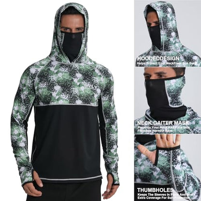 Men's Performance Fishing Shirts,Sun Protection Hoodie Long Sleeve UPF 50+ Hiking Shirt with Mask Cap - color: Dark Green, size: Large