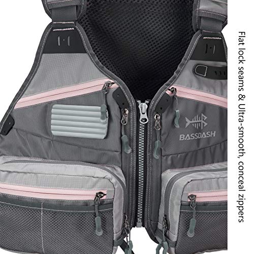 BASSDASH Fly Fishing Vest Adjustable Size with Detachable Water Bottle Holder for Men and Women FV07 - color: Women’s Size - Grey/Light Pink