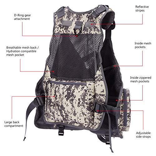 BASSDASH Strap Fishing Vest Adjustable for Men and Women, for Fly Bass Fishing and Outdoor Activities - color: F22 - Grey Camo