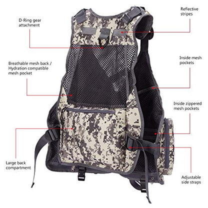BASSDASH Strap Fishing Vest Adjustable for Men and Women, for Fly Bass Fishing and Outdoor Activities - color: F22 - Grey Camo