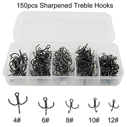 Fishing Treble Hooks Assortment, Sharp Brabed Triple Fishing Hooks Set High Carbon Steel Round Bend for Trout Catfish Lures Freshwater Saltwater, Assorted Size 4 6 8 10 12 - style: 150pcs Black Treble Hooks Set