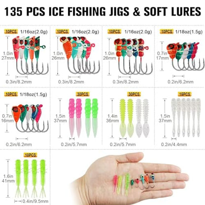Dovesun Fishing Kit Ice Fishing Jigs Ice Fishing Lures Walleye Fishing Lures Crappie Jigs 135pcs/58pcs/45pcs/34pcs/30pcs/8pcs - color: H-Ice fishing jigs & lure 135pcs