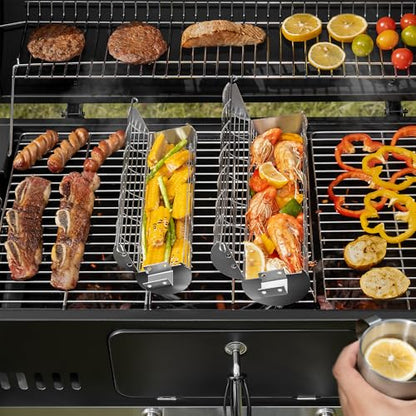 SHIZZO Extra Sturdy Rolling Grill Basket, Removable Handle, Set of 2 | Grilling Rack, Stainless Steel, Outdoor Camping accessories BBQ Net, Griller for Fish, Vegetables, Gifts for Men Dad Husband