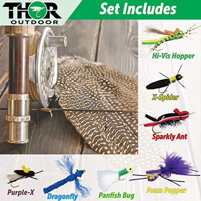 Topwater Fly Fishing Kit for Bass & Panfish | 14 pc Set + Tapered Leader - Foam Poppers, Hoppers, Dry Flies, Spiders, Ants, & Attractors (Hook Size 10 to 12)