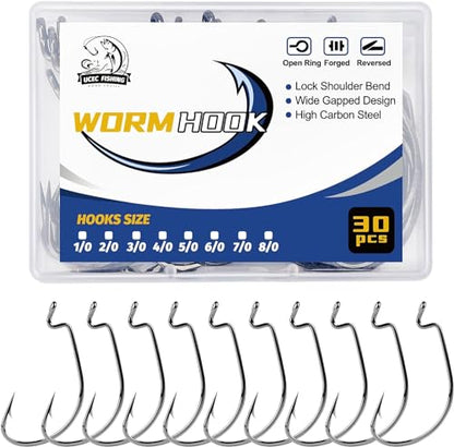 UCEC Fishing Hooks Offset Shank Worm Hooks Extra Wide Gap 2X Strong Carbon Steel Bait Jig for Bass Fishing Trout Catfish Saltwater Freshwater 1/0 2/0 3/0 4/0 5/0 30pcs/Box - size: 2/0 30pcs