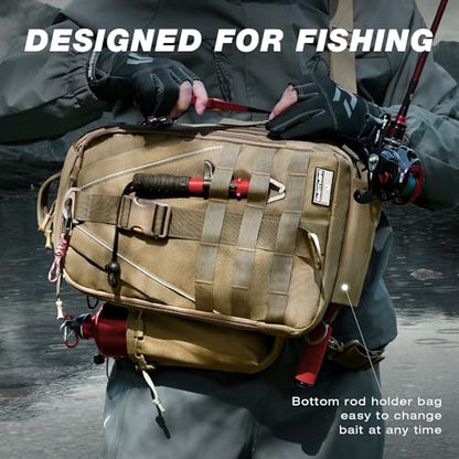 Ghosthorn Fishing Backpack with Tackle Boxes Fish Lip Gripper Pliers Lures Waterproof Tackle Bag with Rod Holder Fishing Gear - color: Khaki, size: Large