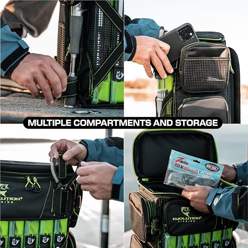 Evolution Fishing Drift Series Tackle Backpack, Outdoor Rucksack w/ 6 Fishing Tackle Trays, Heavy Duty - color: Green, size: 3600
