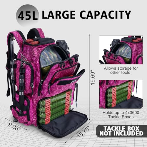 Goture Fishing Backpack,900D Water-Resistant Tackle Backpack with Rod Holders,45L Large Fishing Bag Storage Gear Tackle Bag with Rain Cover,Bottle Holder for Travel Camping Hiking(Without Tackle Box) - color: A2:45L Bling Pink(Without Tackle Box)