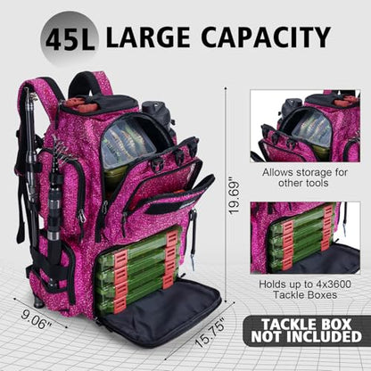 Goture Fishing Backpack,900D Water-Resistant Tackle Backpack with Rod Holders,45L Large Fishing Bag Storage Gear Tackle Bag with Rain Cover,Bottle Holder for Travel Camping Hiking(Without Tackle Box) - color: A2:45L Bling Pink(Without Tackle Box)