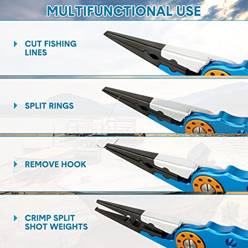 Lasnten 2 Pcs Fishing Pliers Saltwater Braid Cutters 7.8 Inch Fishing Hook Remover Split Ring Fishing Tools with Sheath and Lanyard Gear Gifts for Fish Line Cutting Boat Fly Ice Fishing Accessories - color: Blue, Silver