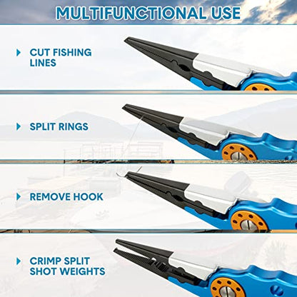 Lasnten 2 Pcs Fishing Pliers Saltwater Braid Cutters 7.8 Inch Fishing Hook Remover Split Ring Fishing Tools with Sheath and Lanyard Gear Gifts for Fish Line Cutting Boat Fly Ice Fishing Accessories - color: Blue, Silver