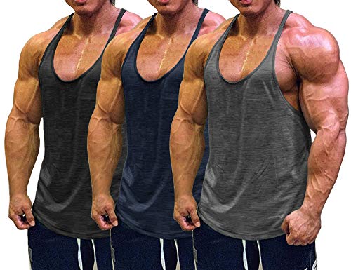 Muscle Cmdr Men's Bodybuilding Stringer Tank Tops Y-Back Gym Fitness Workout Training Running T-Shirts Athletic Quick Dry Top - color: 3-pack:black/Gray/Navy Blue, size: XX-Large