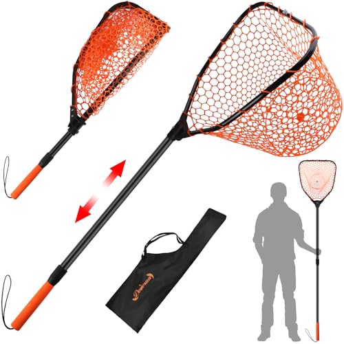 Dovesun Rubber Fishing Landing Nets Telescopic Handle Nets Folding Nets with Collapsible Handle for Catch & Release Fishing Gift 17.6" dia-13.7" Depth Black/Orange - color: Orange