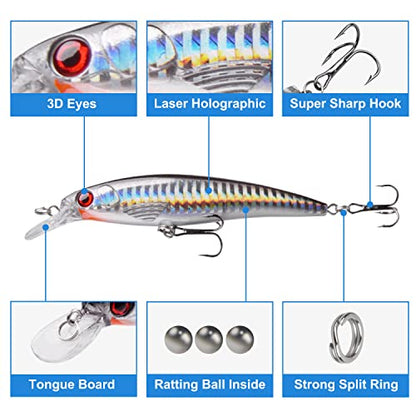 OROOTL Saltwater Fishing Lures Kit, 6 Pack Assorted Surf Fishing Jerkbait Minnow Lures Hard Baits Popper Plugs for Striped Bass Offshore Ocen Gear Tackle