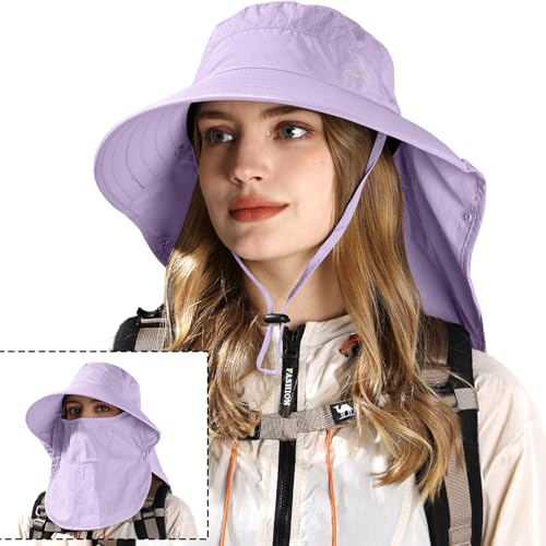 Rosoz Sun Hat for Men Women with Neck Flap,Wide Brim UPF50+ Fishing Hat with Detachable Face Cover Outdoor Sun Protection Hat - color: 1pack-purple