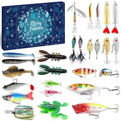 MOVINPE Fishing Advent Calendar for Adult Men Teen Boys, 2025 Fishing Lure Christmas Gifts, 24 Days Topwater Lures Fishing Spoons Minnow Popper Crankbait for Fishing Lovers Father Boyfriend Brother