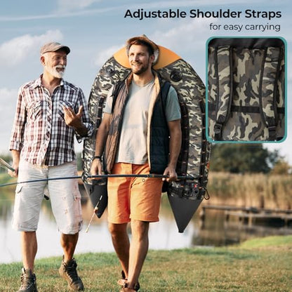 GYMAX Fishing Float Tube, Inflatable Belly Boat with Fish Finder Holder, Rod Rack, Fish Ruler, Manual Pump & Detachable Storage Boxes, Portable Backpack Float Tubes for Adults - color: Camouflage