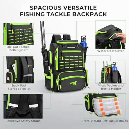 KastKing Bait Boss Fishing Tackle Backpack with Rod Holders-4 Tackle Boxes-Rain Cover,Storage for Fishing Gear - color: C: Grass Green