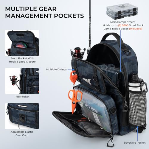 KastKing BaitSpace Fishing Sling Bag, Fishing Backpack with Rod & Beverage Holder, Tackle Bag for Fishing Gear - color: F: Blue Camo - with (2) 3600 tackle boxes, size: Large