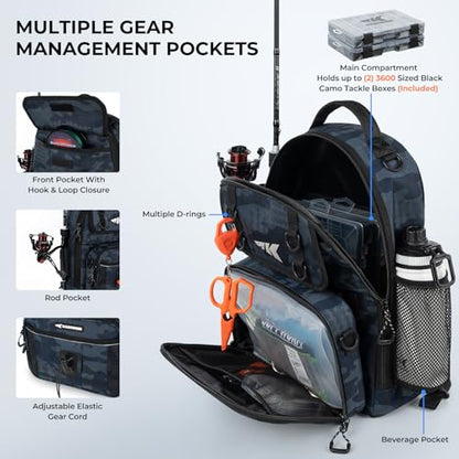 KastKing BaitSpace Fishing Sling Bag, Fishing Backpack with Rod & Beverage Holder, Tackle Bag for Fishing Gear - color: F: Blue Camo - with (2) 3600 tackle boxes, size: Large